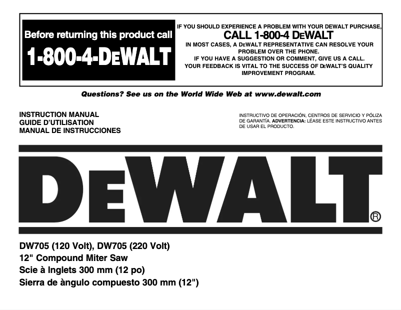 Page n°1 - Manuel utilisateur DeWalt DW705S