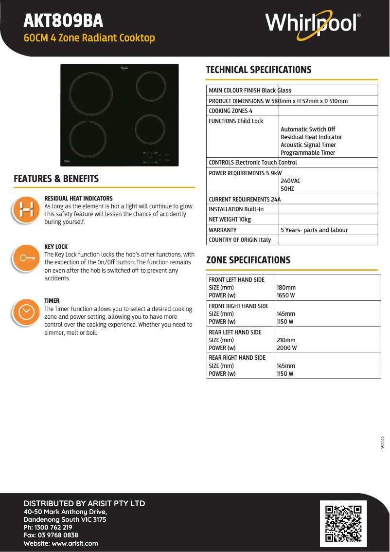 Page 1 de la notice Fiche technique Whirlpool AKT809BA