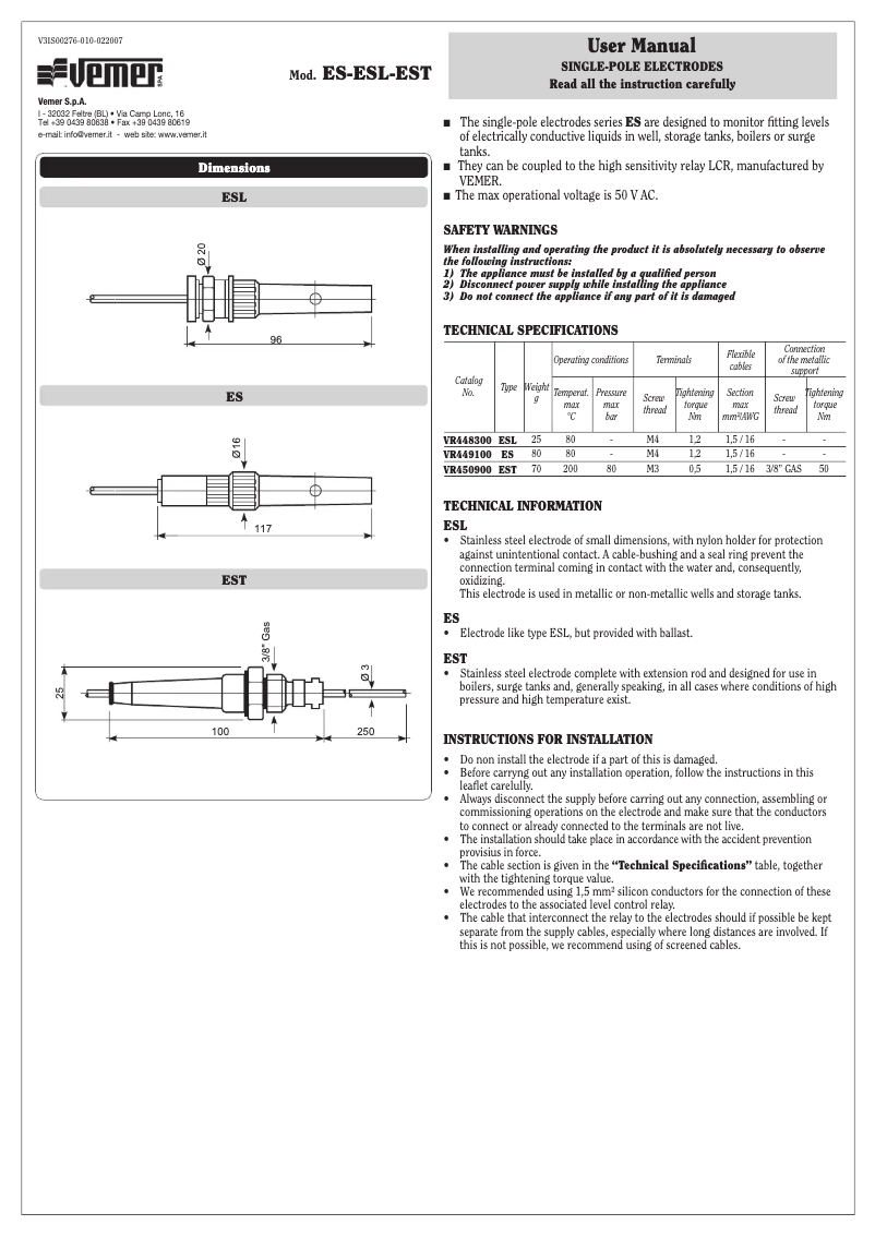 Page n°1 - Manuel utilisateur Vemer ESL