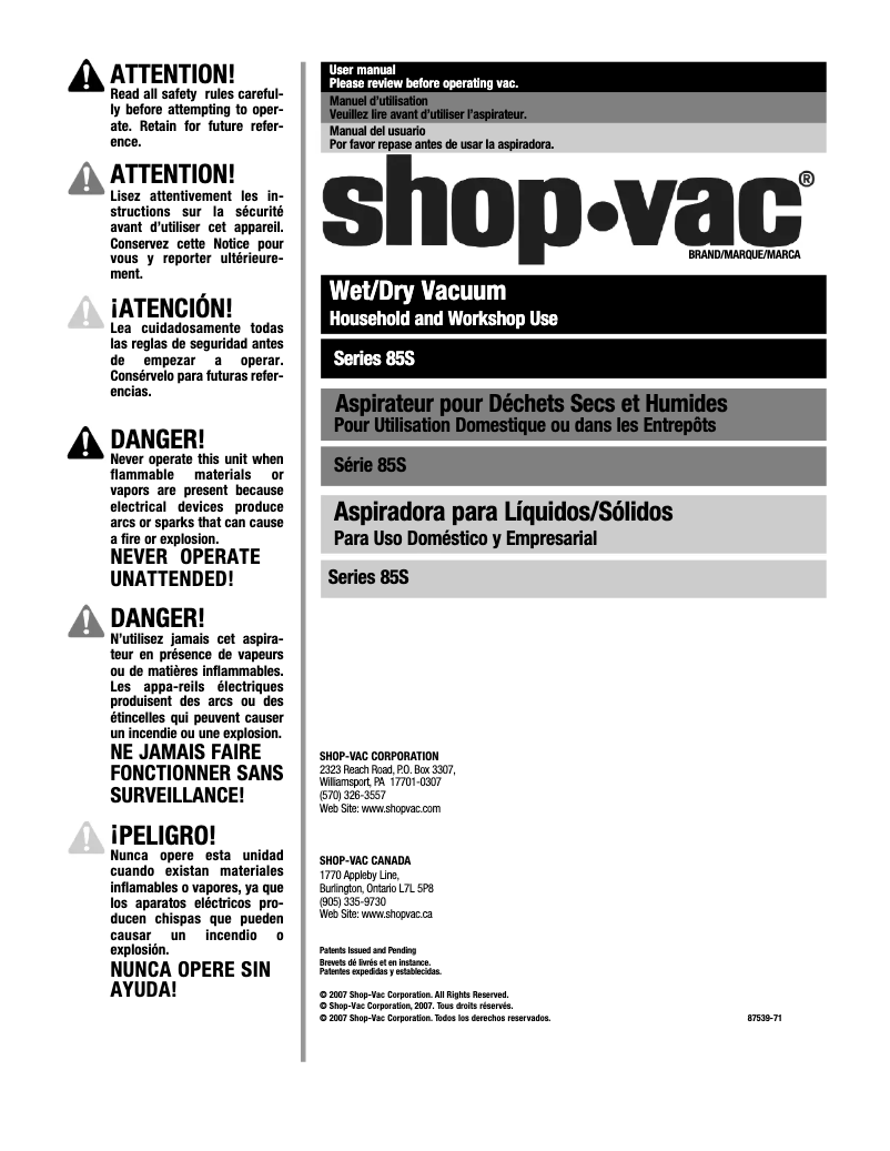 Page n°1 - Manuel utilisateur Shop-Vac 85S200