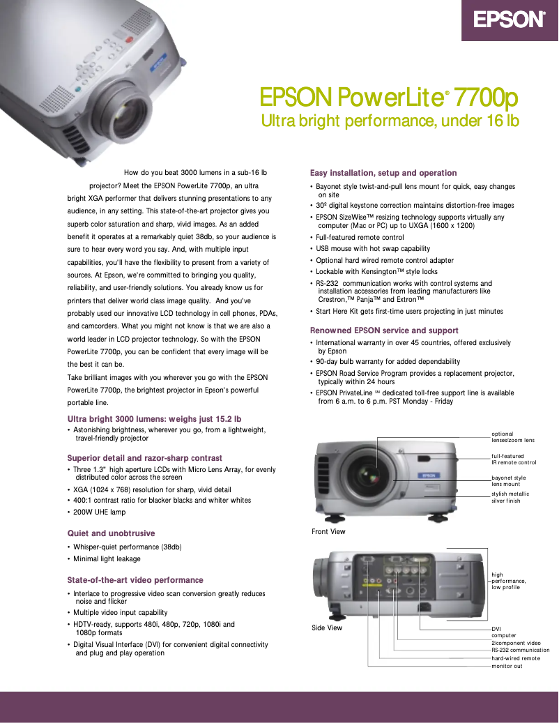 Página 1 del manual Ficha técnica Epson PowerLite 7700p