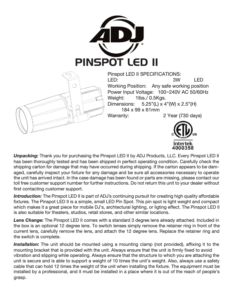 Page 1 de la notice Manuel utilisateur Adj Pinspot LED