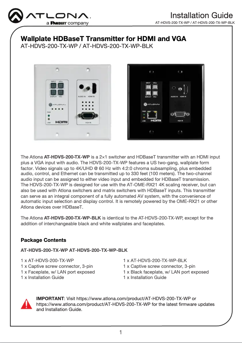 Page 1 de la notice Guide d'installation Atlona AT-HDVS-200-TX-WP