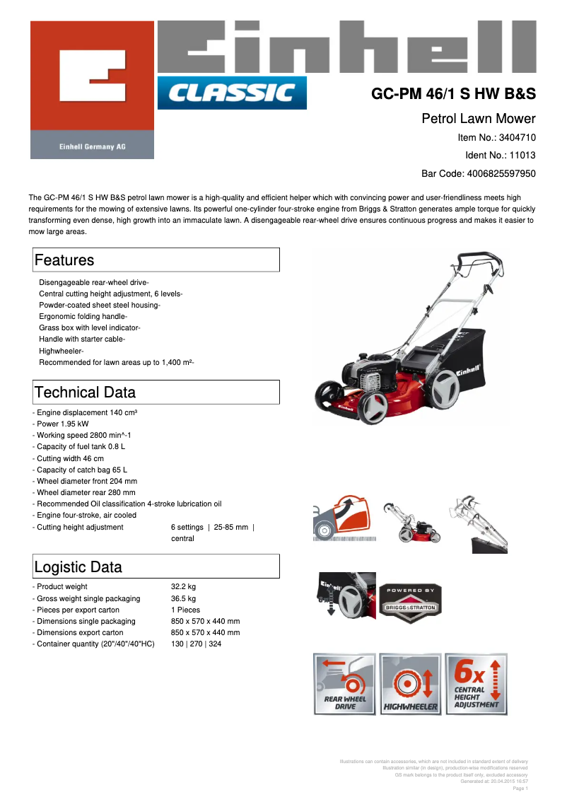 Page n°1 - Fiche technique Einhell GC-PM 46/1 S HW B&S