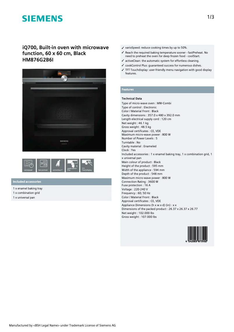 Page 1 de la notice Manuel utilisateur Siemens HM876G2B6I
