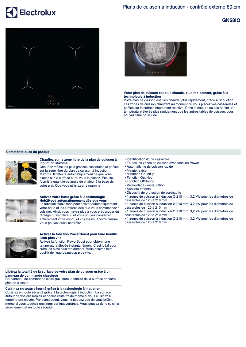 Page 1 de la notice Fiche technique Electrolux GK58IO