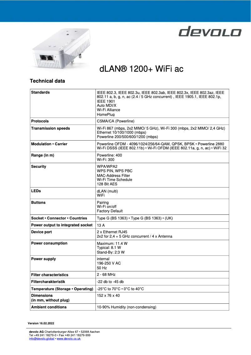 Página 1 del manual Ficha técnica Devolo dLAN 1200+ WiFi ac