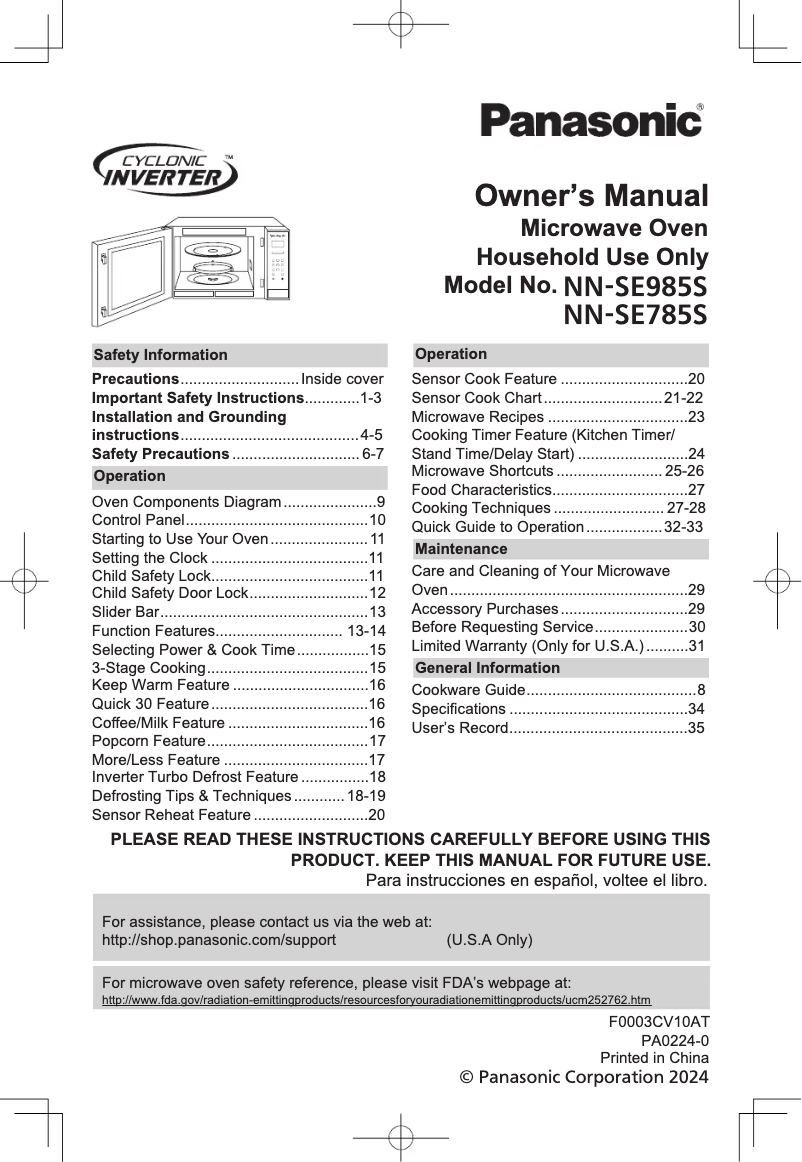 Page n°1 - Manuel utilisateur Panasonic Cyclonic Inverter NN-SE785S