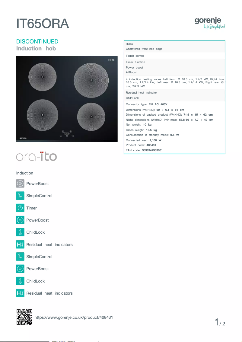 Page 1 de la notice Fiche technique Gorenje IT65ORA