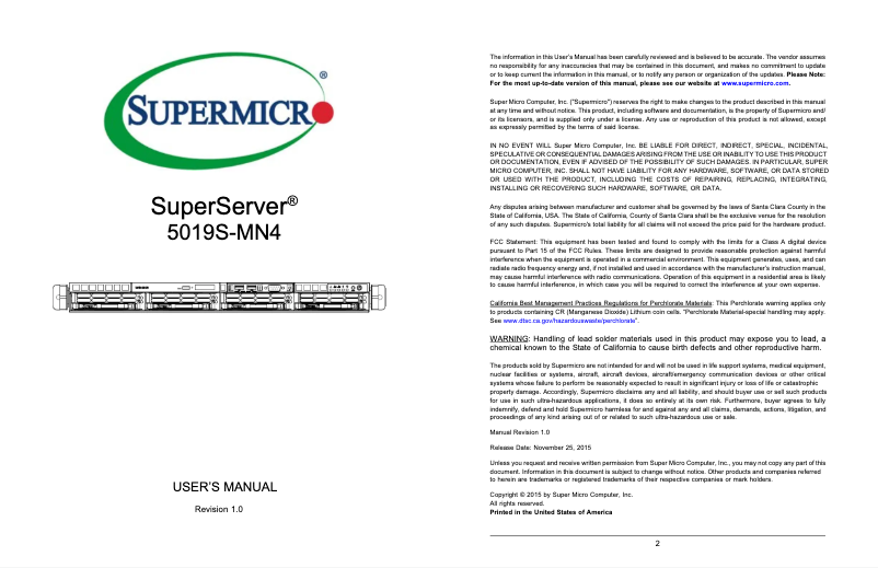 Page 1 de la notice Manuel utilisateur Supermicro SuperServer 5019S-MN4