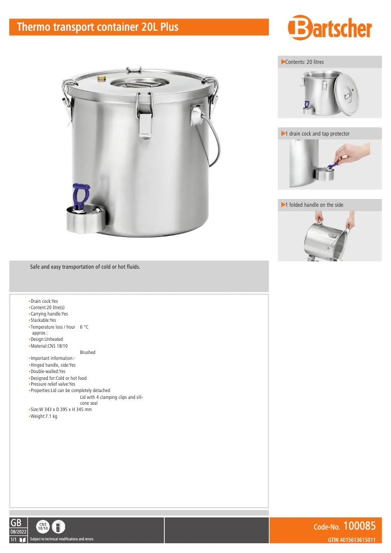 Page n°1 - Fiche technique Bartscher 100085