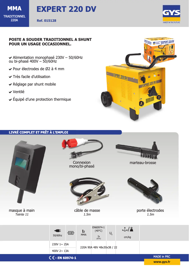 Page 1 de la notice Fiche technique GYS Expert 220 DV