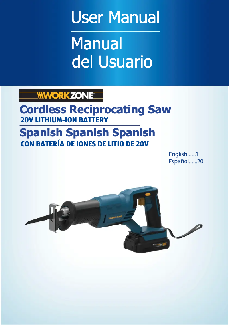 Page 1 de la notice Manuel utilisateur Workzone 20V Li-Ion Reciprocating Saw PT160501