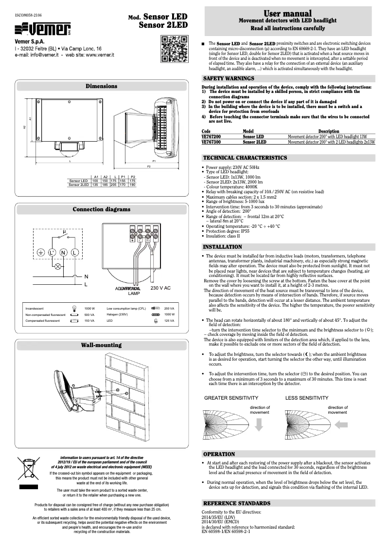Page n°1 - Manuel utilisateur Vemer Sensor 2LED