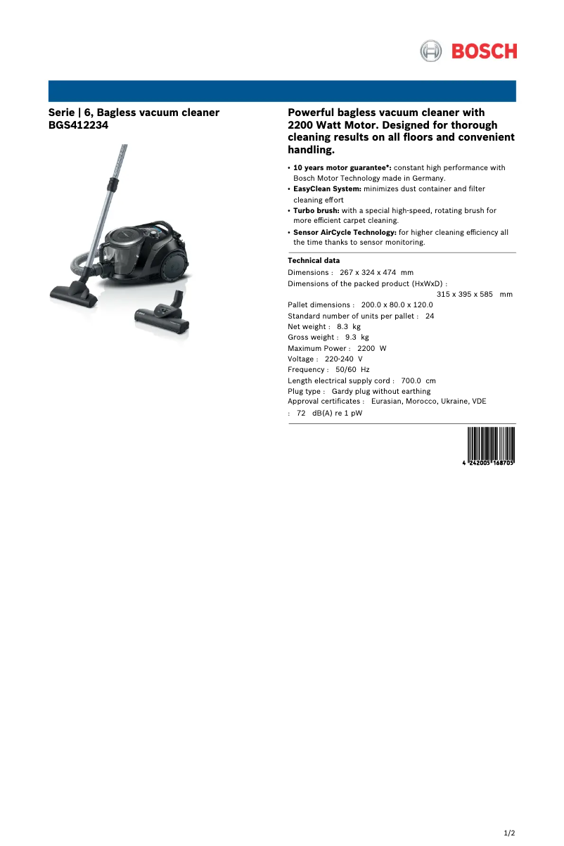 Page 1 de la notice Fiche technique Bosch BGS412234