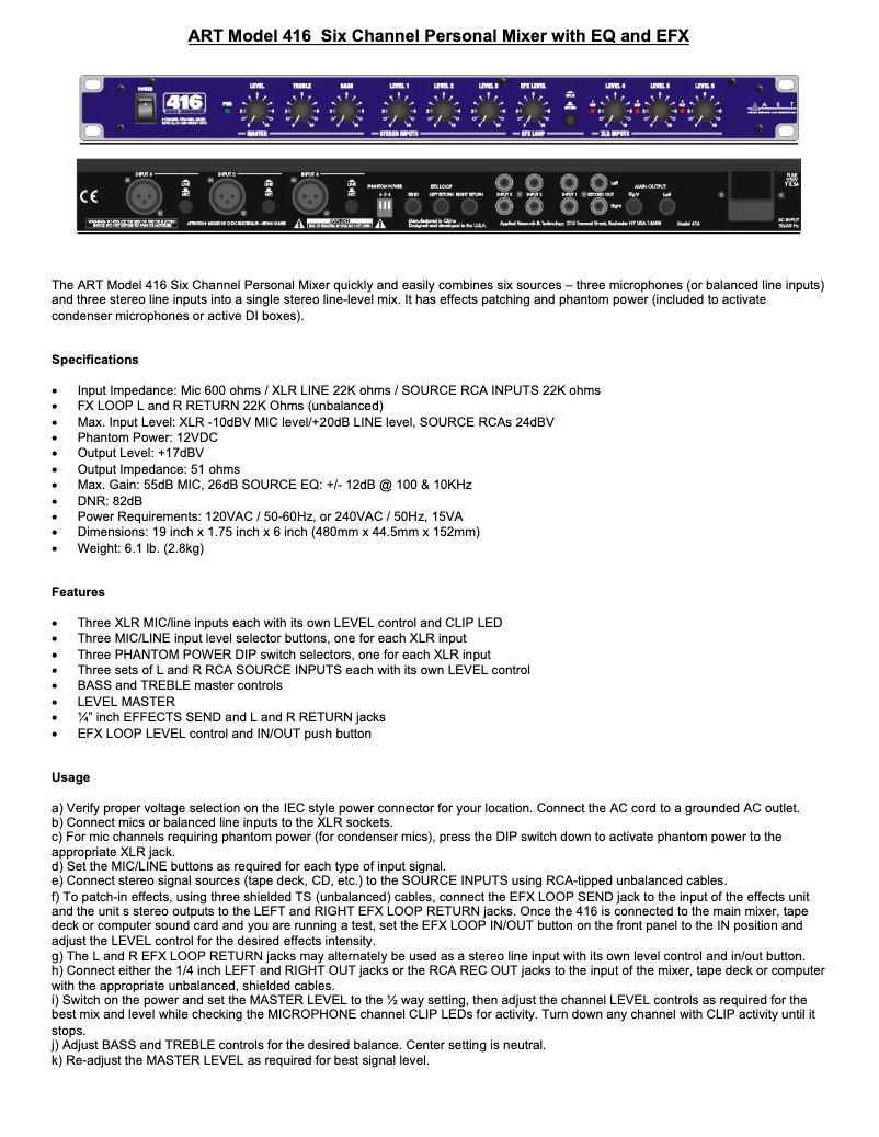 Page 1 de la notice Manuel utilisateur ART 416