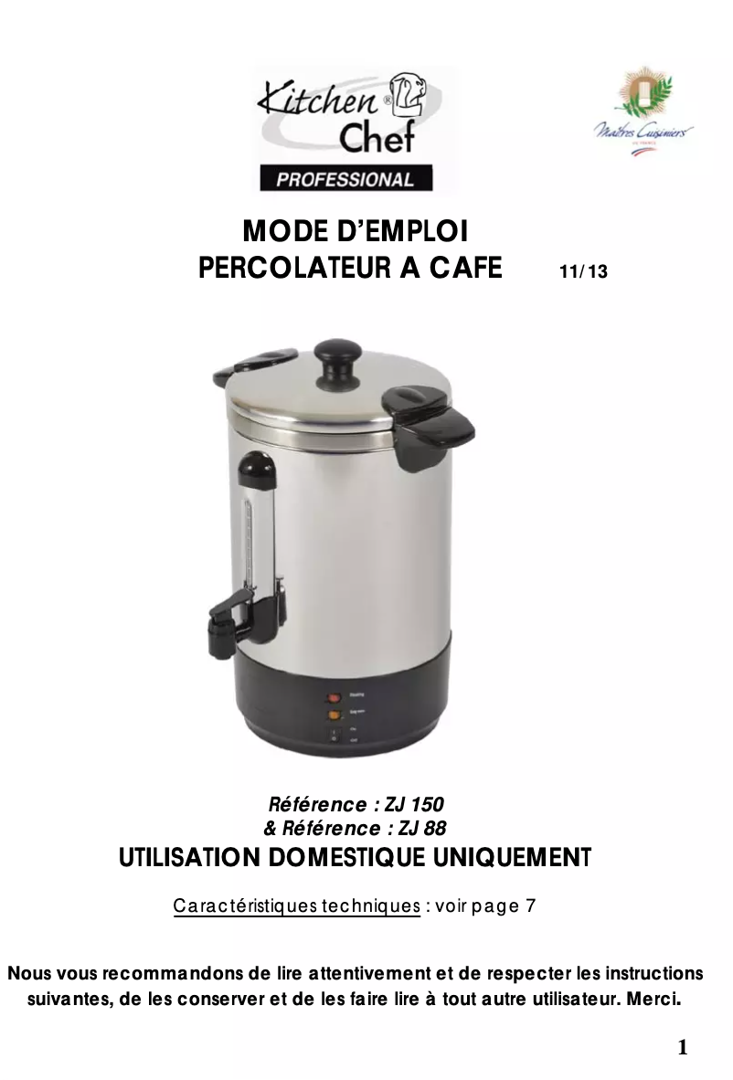 Page 1 de la notice Manuel utilisateur Kitchen Chef ZJ88