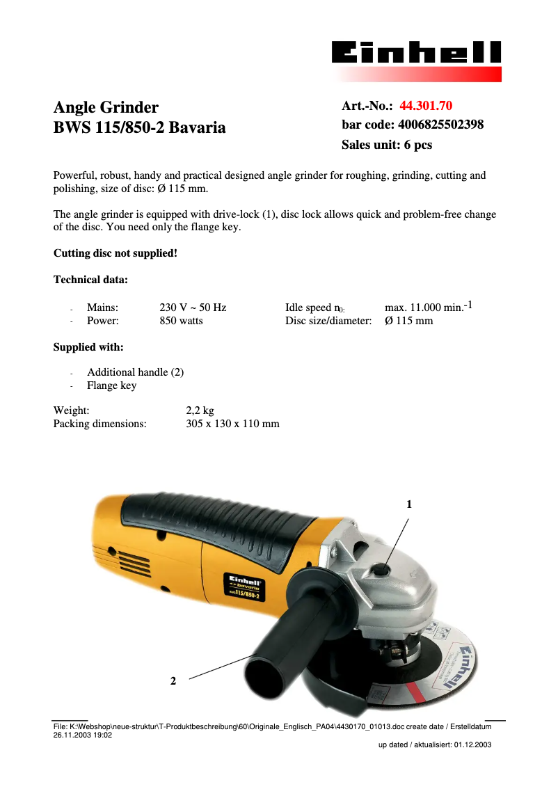 Página 1 del manual Ficha técnica Bavaria by Einhell BWS 115/850-3