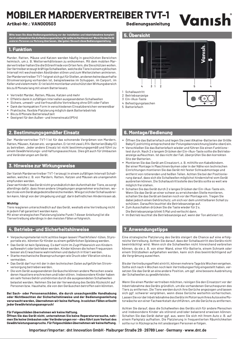 Page n°1 - Manuel utilisateur Vanish TVT-1