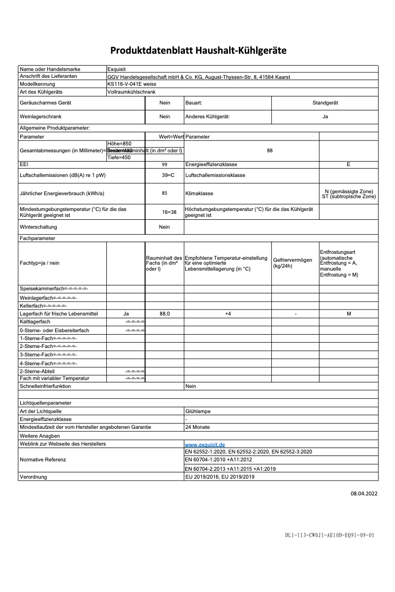 Page 1 de la notice Fiche technique Exquisit KS116-V-042E