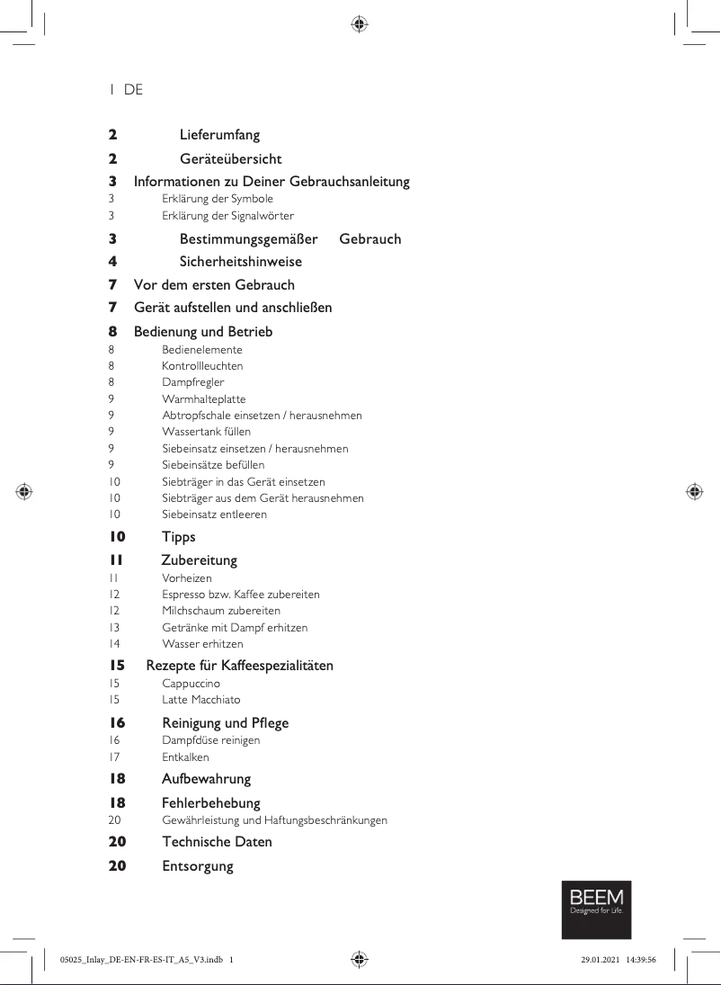 Page 1 de la notice Manuel utilisateur BEEM Espresso Select