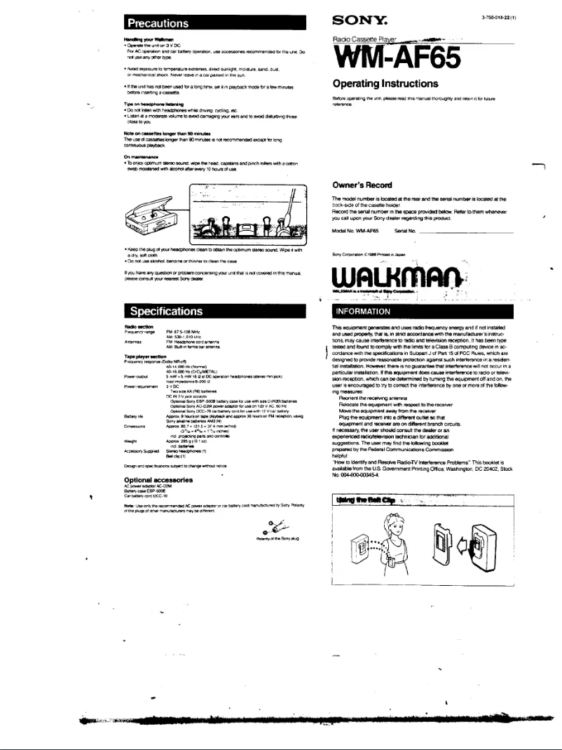 Page n°1 - Manuel utilisateur Sony Walkman WM-AF65