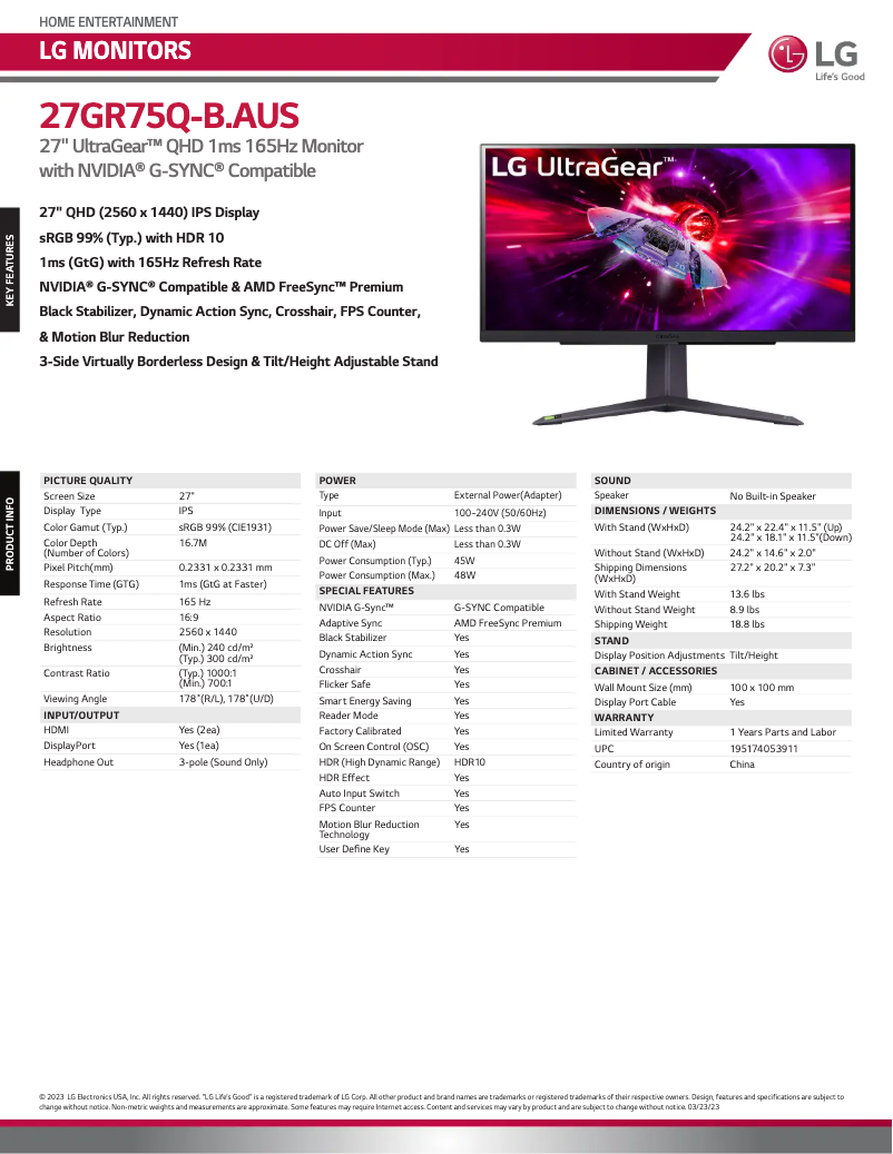 Page 1 de la notice Fiche technique LG 27GR75Q-B