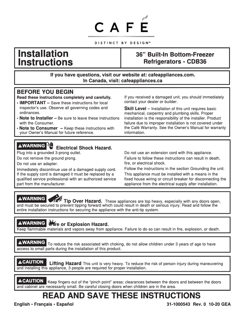 Page 1 de la notice Guide d'installation GE Café CDB36RP2RS1