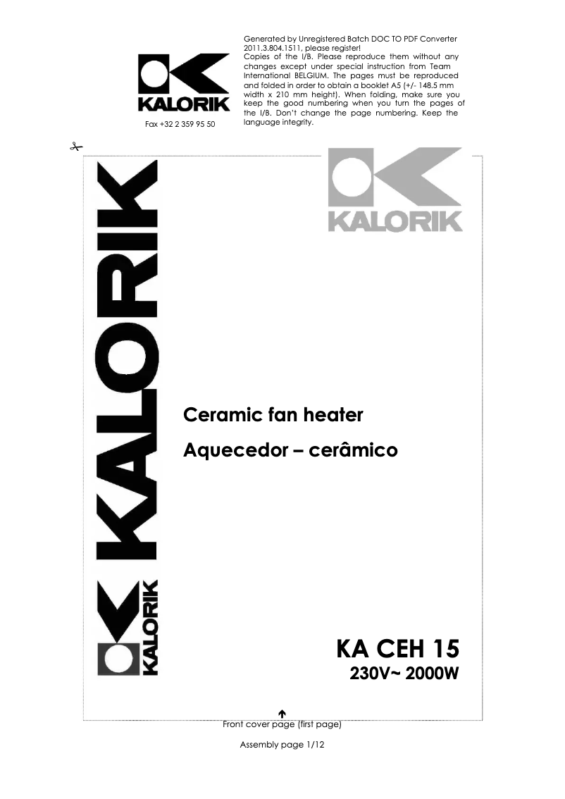 Page n°1 - Manuel utilisateur Kalorik KA CEH 15