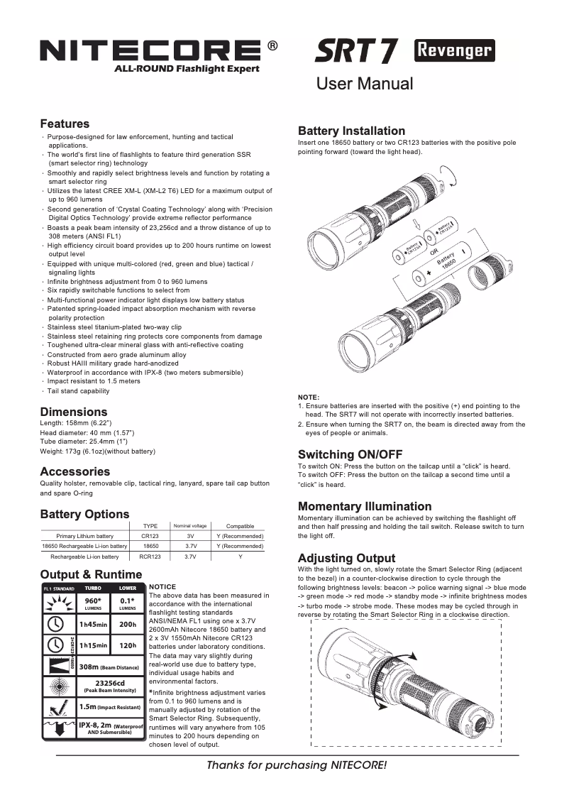 Page 1 de la notice Manuel utilisateur Nitecore SRT7 Revenger