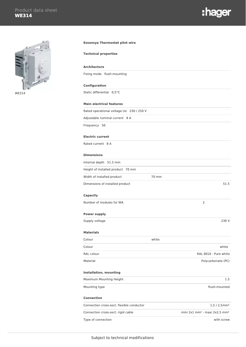 Page n°1 - Fiche technique Hager WE314