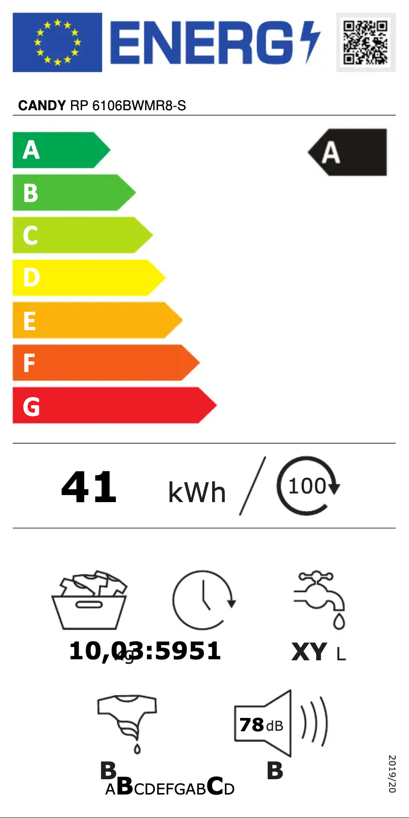 Page 1 de la notice Label énergétique Candy RP 6106BWMR8-S