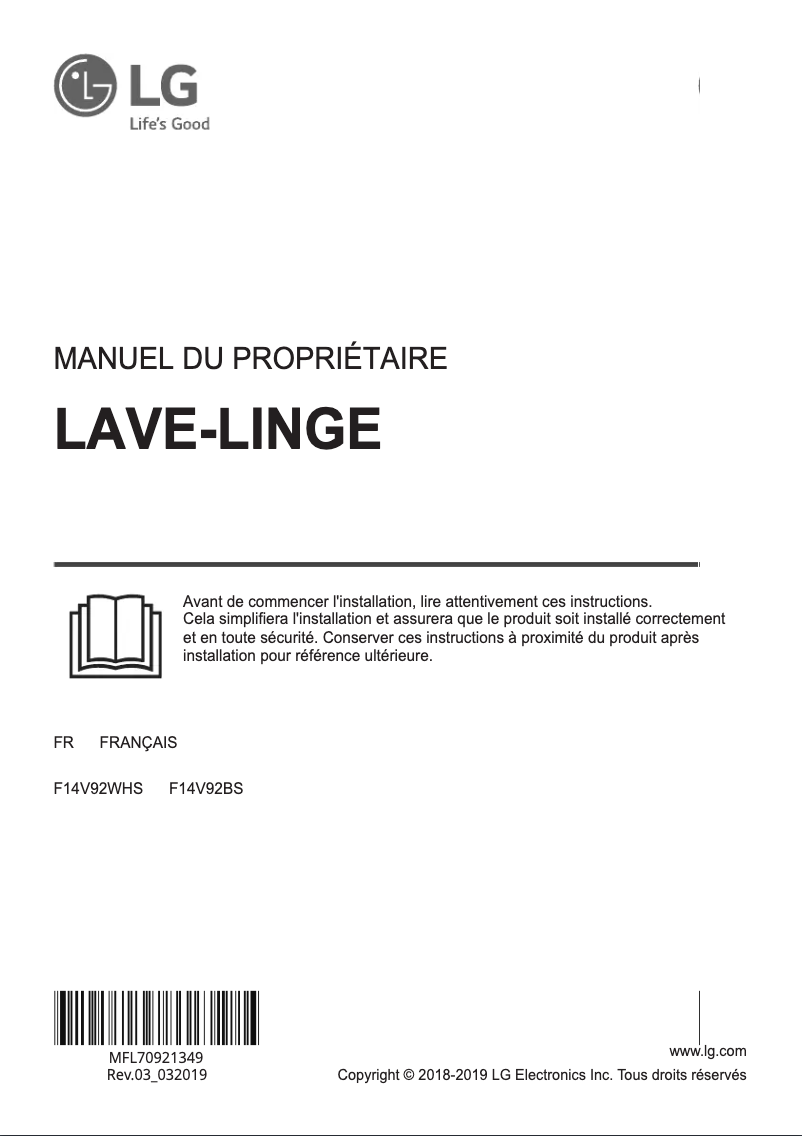 Page 1 de la notice Manuel utilisateur LG F14V92BS