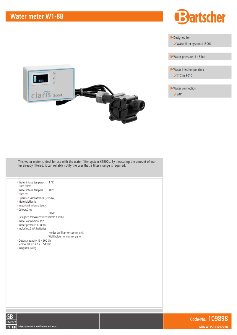 Page 1 de la notice Fiche technique Bartscher W1-8B