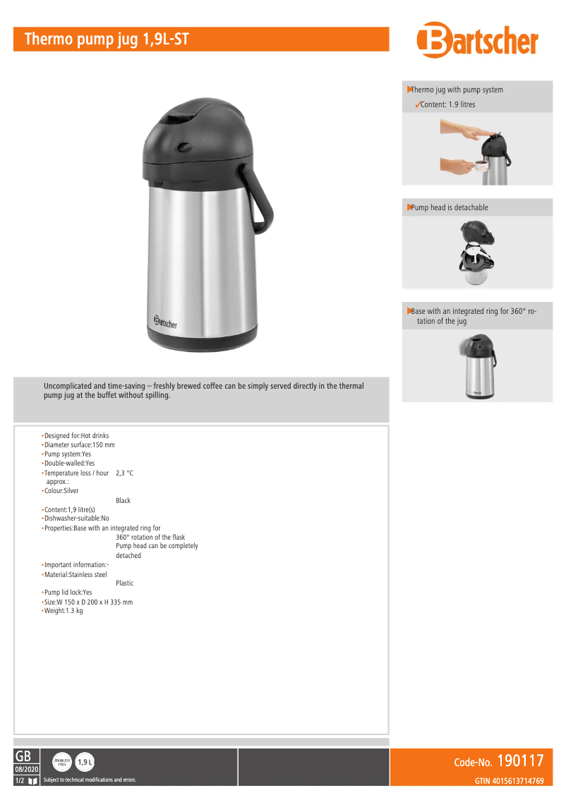 Page 1 de la notice Fiche technique Bartscher 190117