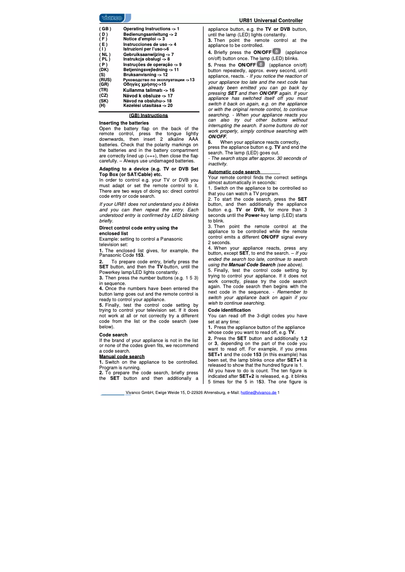 Page 1 de la notice Manuel utilisateur Vivanco UR 81