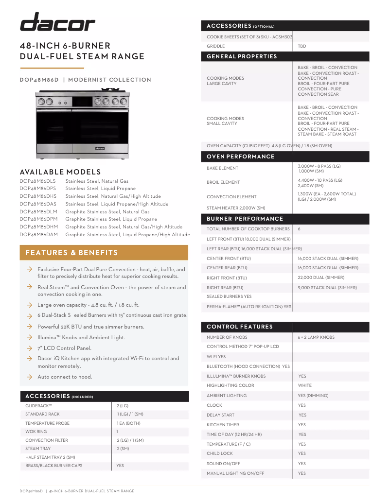 Page n°1 - Fiche technique Dacor DOP48M86DLS