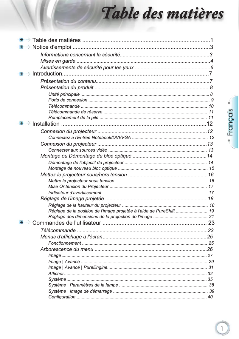 Page 1 de la notice Manuel utilisateur Optoma HD86