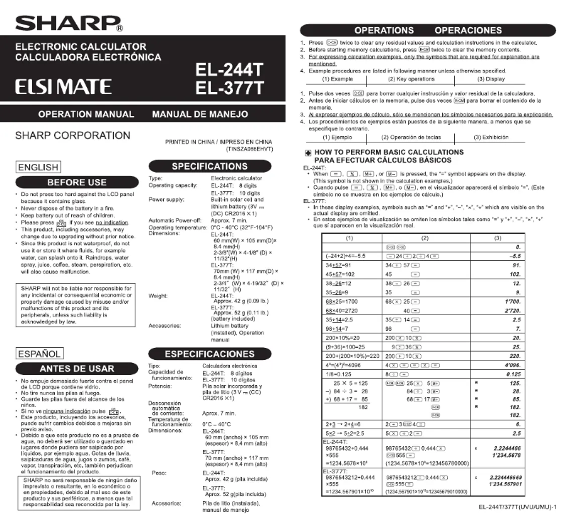 Page 1 de la notice Manuel utilisateur Sharp EL-244T