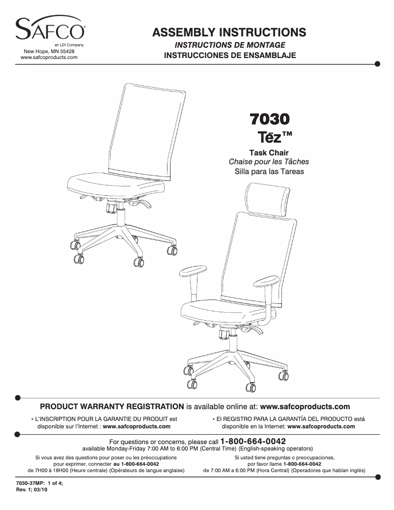Page n°1 - Manuel utilisateur Safco 7030BL
