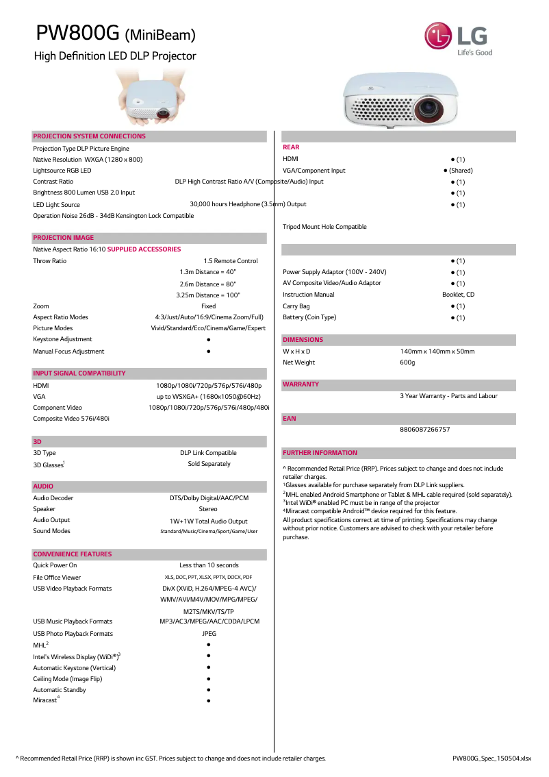 Página 1 del manual Ficha técnica LG PW800G