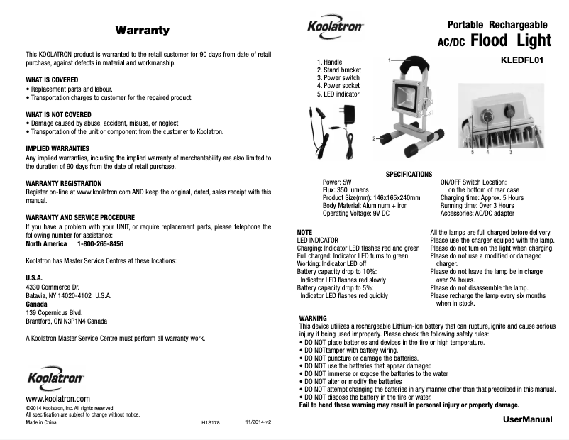 Page n°1 - Manuel utilisateur Koolatron KLEDFL01