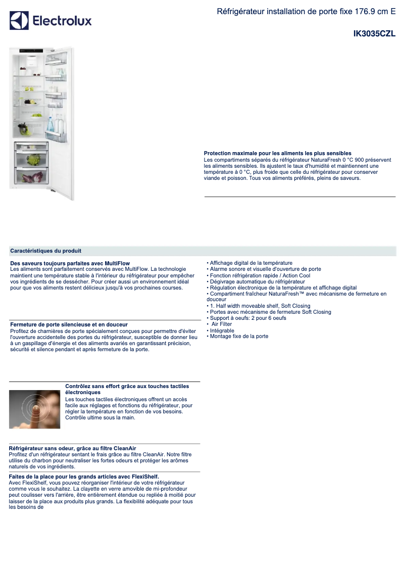 Page 1 de la notice Fiche technique Electrolux IK3035CZL