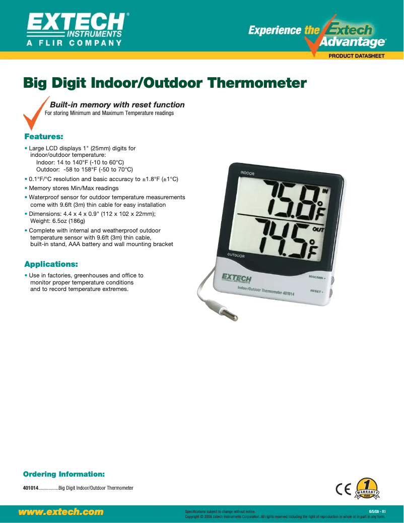 Page 1 de la notice Fiche technique Extech 401014