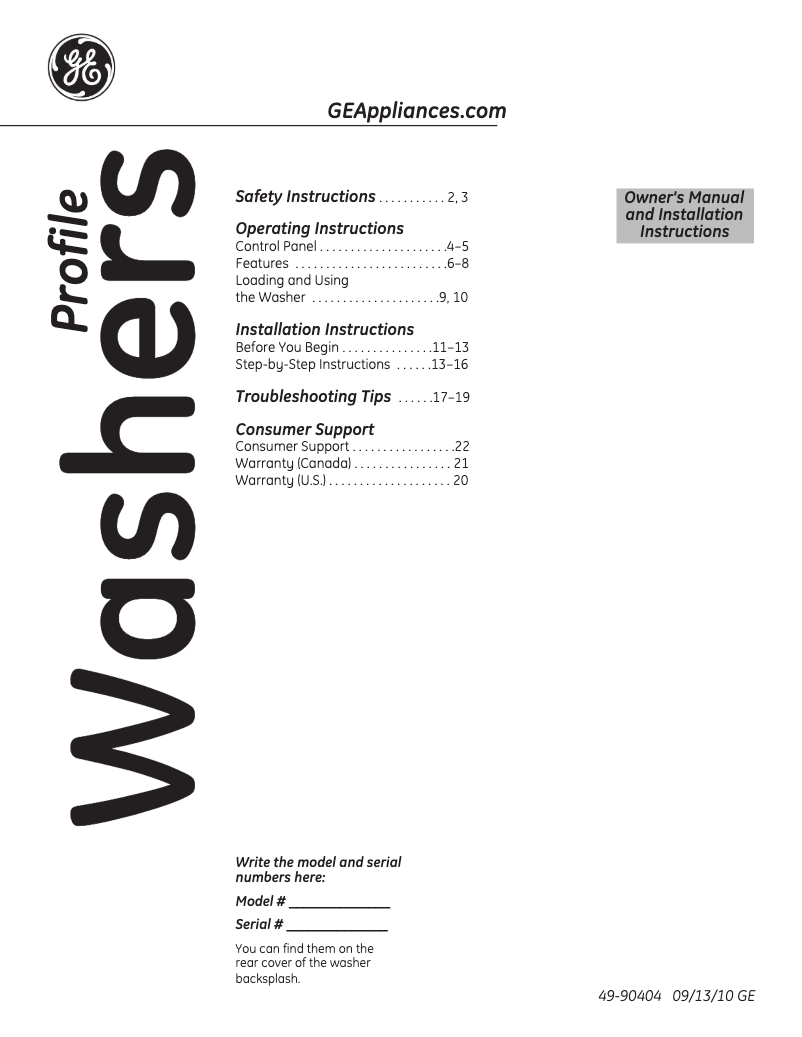 Page n°1 - Manuel utilisateur GE Harmony PTWN8050MWW