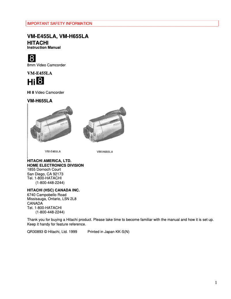Page n°1 - Manuel utilisateur Hitachi VM-E455LA