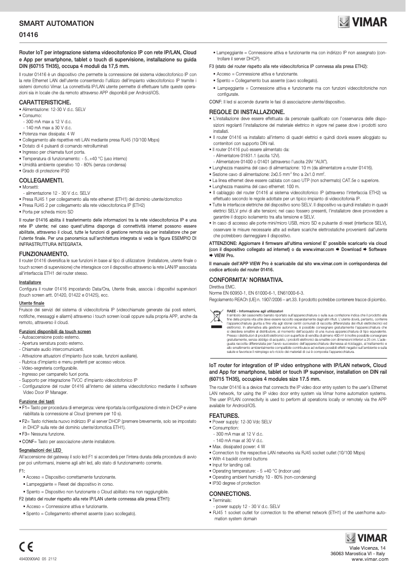 Page 1 de la notice Instructions / montage Vimar 01416