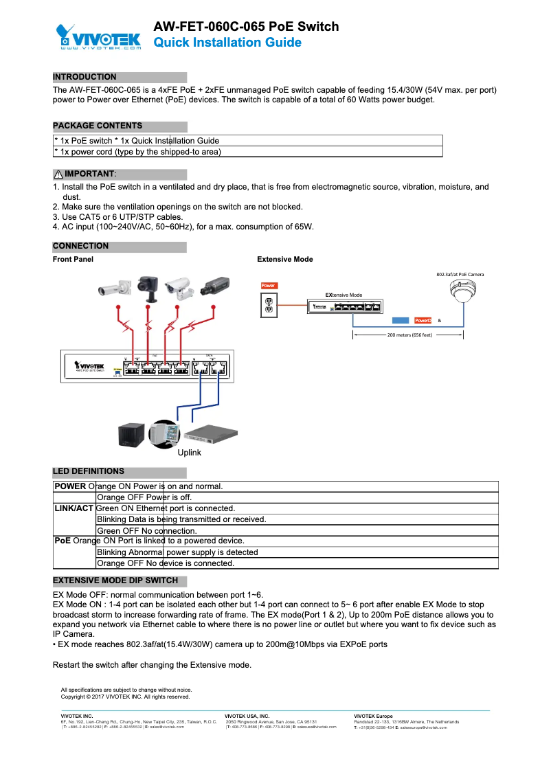 Page 1 de la notice Guide d'installation Vivotek AW-FET-060D-065
