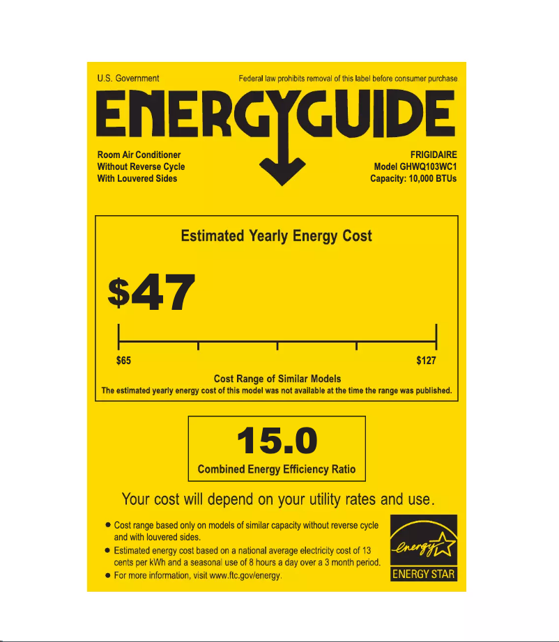 Page 1 de la notice Label énergétique Frigidaire GHWQ103WC1