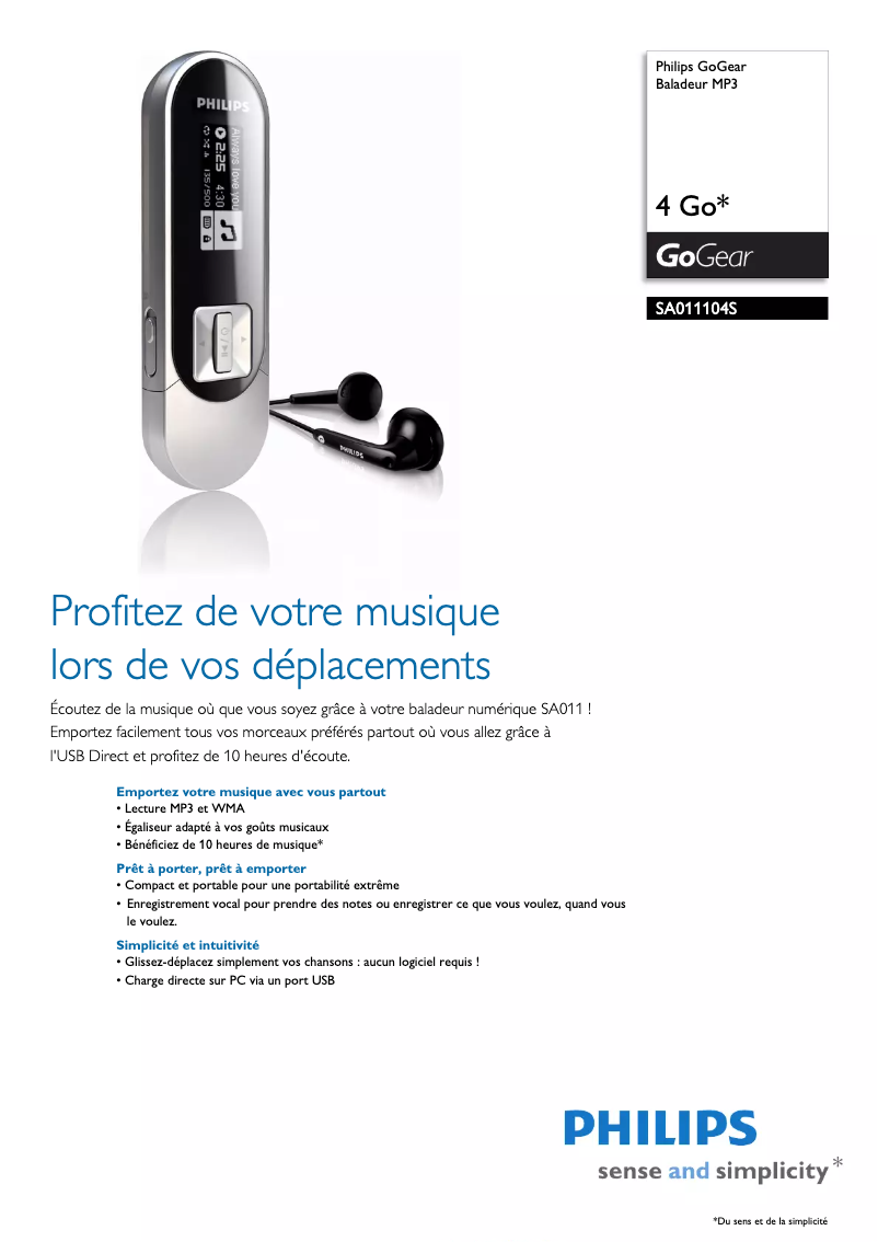 Page 1 de la notice Fiche technique Philips GoGear SA011104S